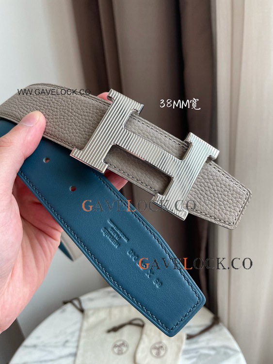 Copy Hermes Grey Blue Reversible Leather Strap 38mm Mens